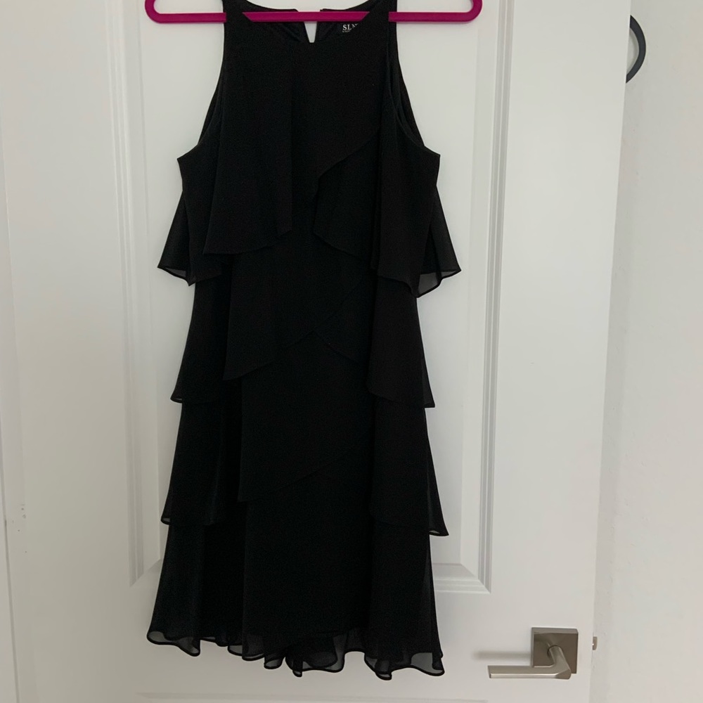 SLNY Black Ruffle Tier Dress Size 12. New No Tags